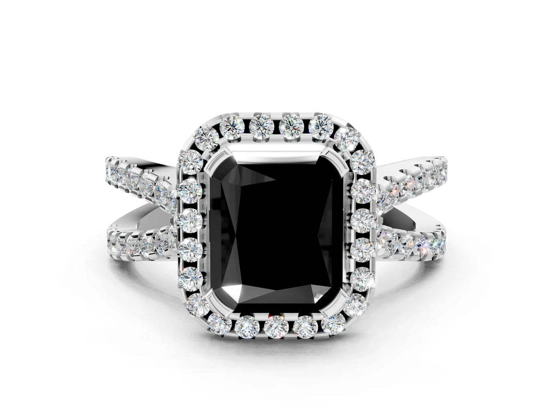 White gold Fancy Black Radiant Cut Diamond Halo Ring with Split Shank Pavé Band and Prong Setting_12