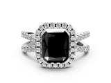 White gold Fancy Black Radiant Cut Diamond Halo Ring with Split Shank Pavé Band and Prong Setting_12