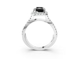 White gold Fancy Black Radiant Cut Diamond Halo Ring with Split Shank Pavé Band and Prong Setting_15