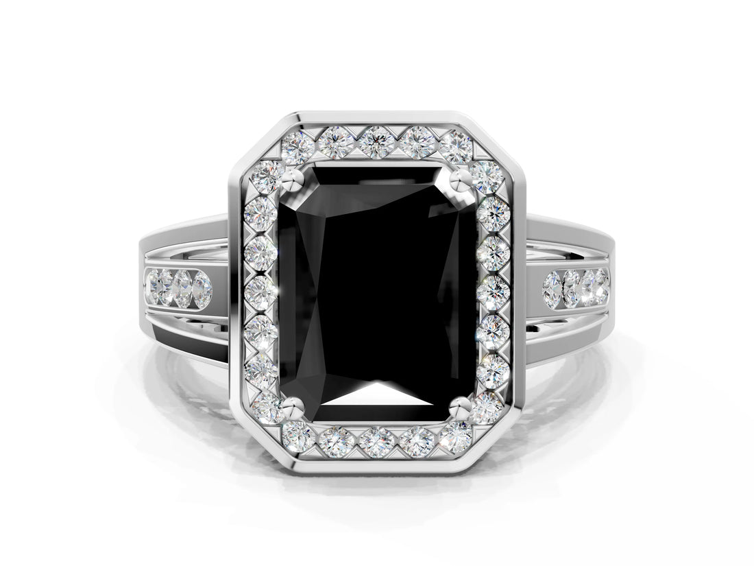 White gold Fancy Black Radiant Cut Diamond Halo Ring with Split Shank and Bezel Accents and Prong Setting