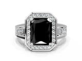 White gold Fancy Black Radiant Cut Diamond Halo Ring with Split Shank and Bezel Accents and Prong Setting