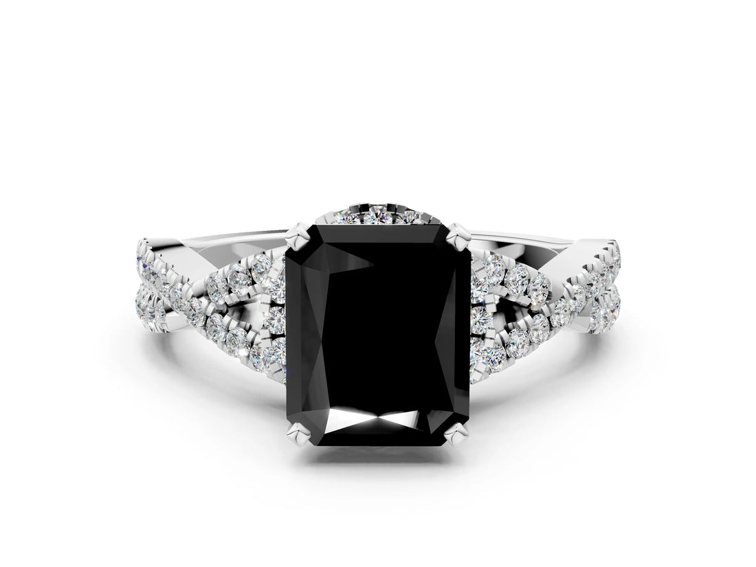 White gold Fancy Black Radiant Cut Diamond  Halo Twist Band Solitaire Prong Setting Ring_12
