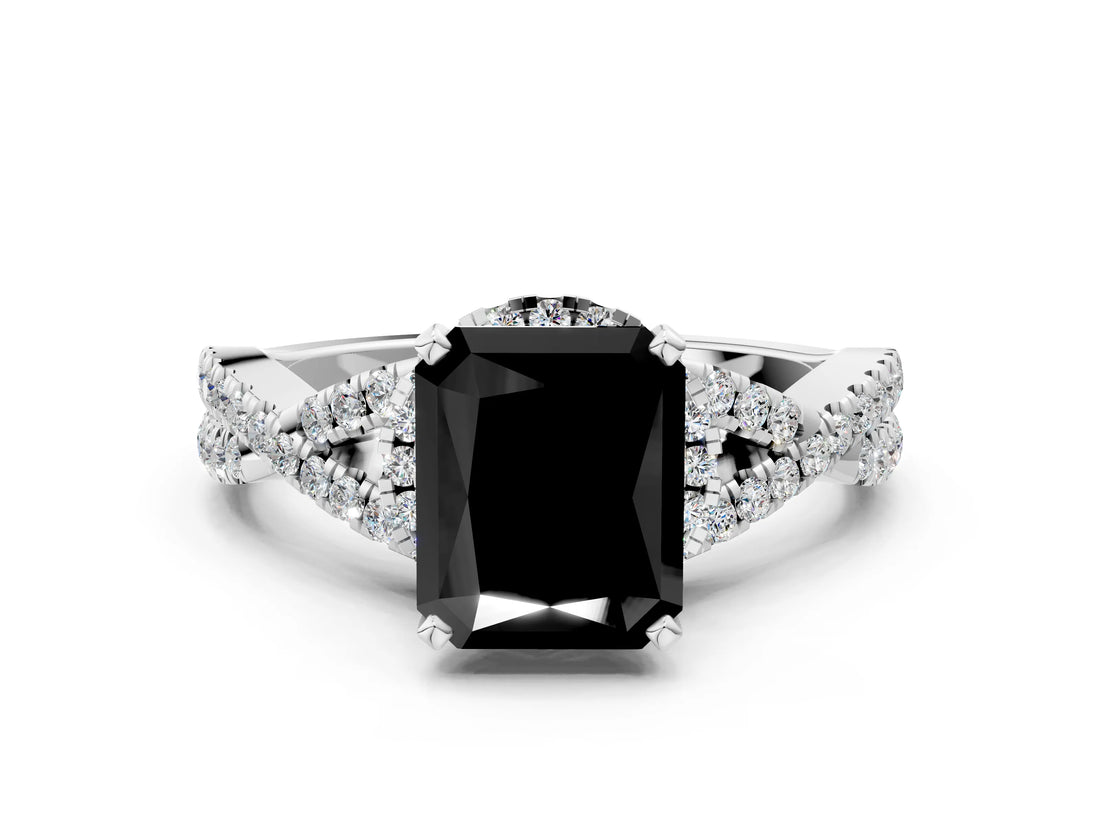 White gold Fancy Black Radiant Cut Diamond Halo Twist Band Solitaire Prong Setting Ring