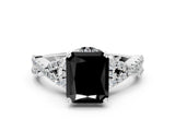 White gold Fancy Black Radiant Cut Diamond Halo Twist Band Solitaire Prong Setting Ring