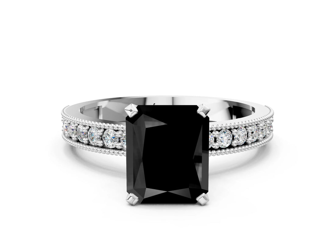 White gold Fancy Black Radiant Cut Diamond Milgrain Pavé Engagement Ring with Four-Prong Setting