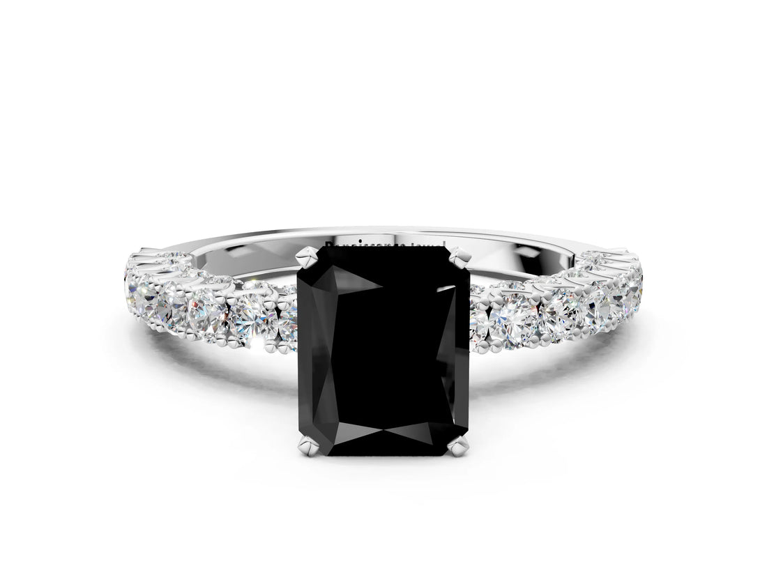 White gold Fancy Black Radiant Cut Diamond Pavé Band Solitaire Ring with Prong Setting_12