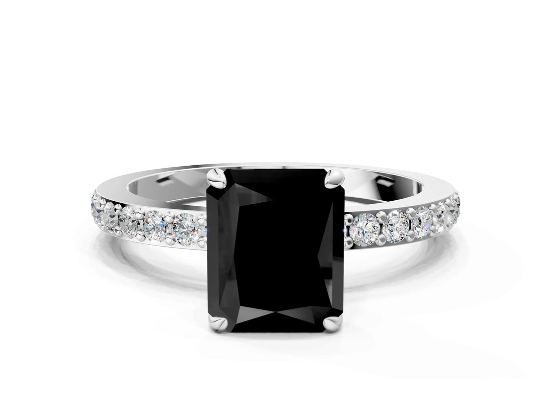White gold Fancy Black Radiant Cut Diamond Pavé Engagement Ring with Round  Accents and Prong Setting_24