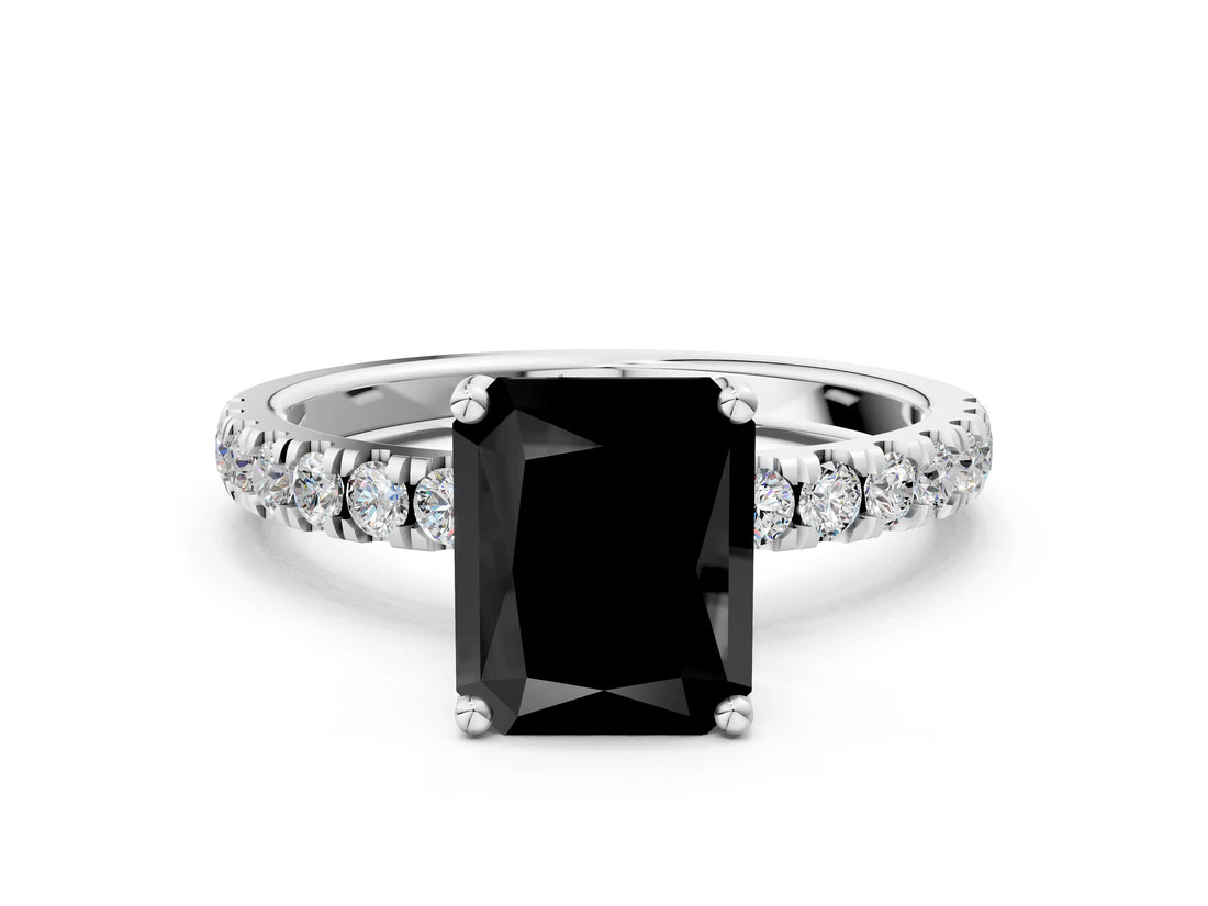 White gold Fancy Black Radiant Cut Diamond Pave Band Solitaire Ring with Round  and Prong Setting_72