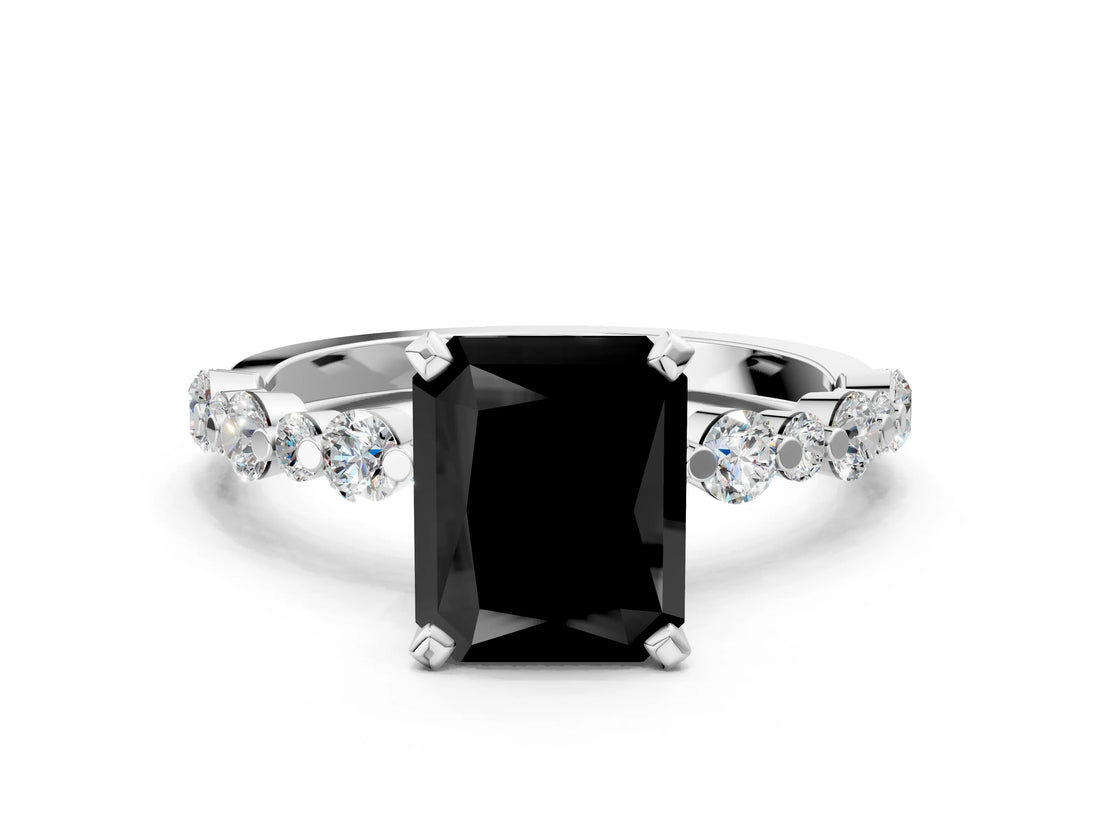 White gold Fancy Black Radiant Cut Diamond Prong Set Engagement Ring with Pave Band