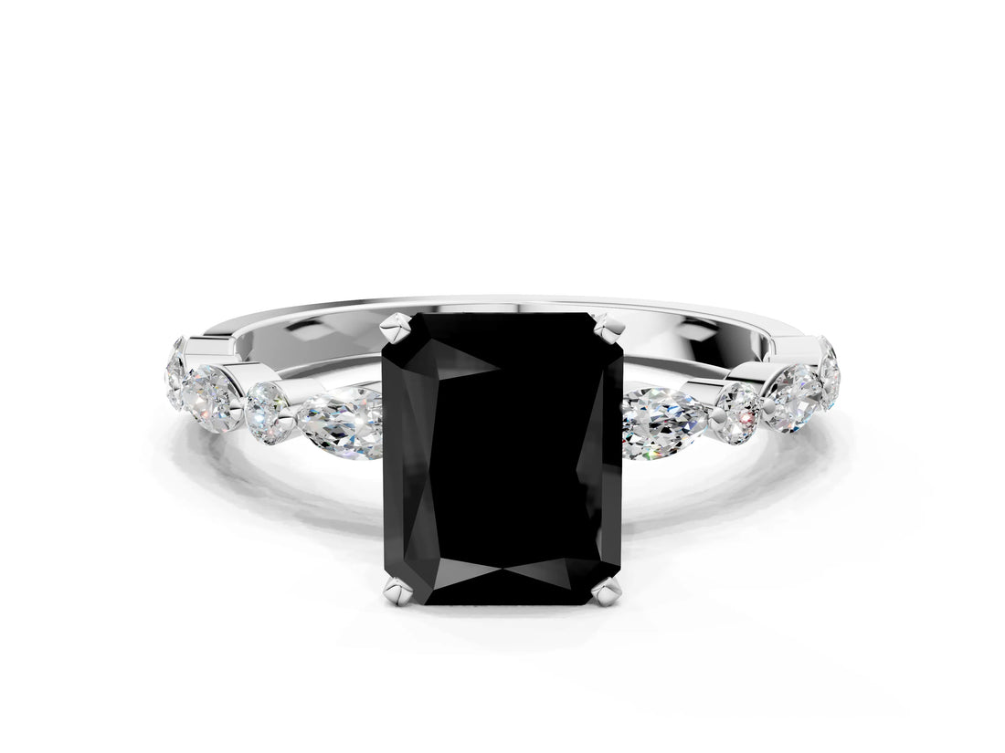 White gold Fancy Black Radiant Cut Diamond Ring with Marquise and Round  Side Stones and Four-Prong Setting_60