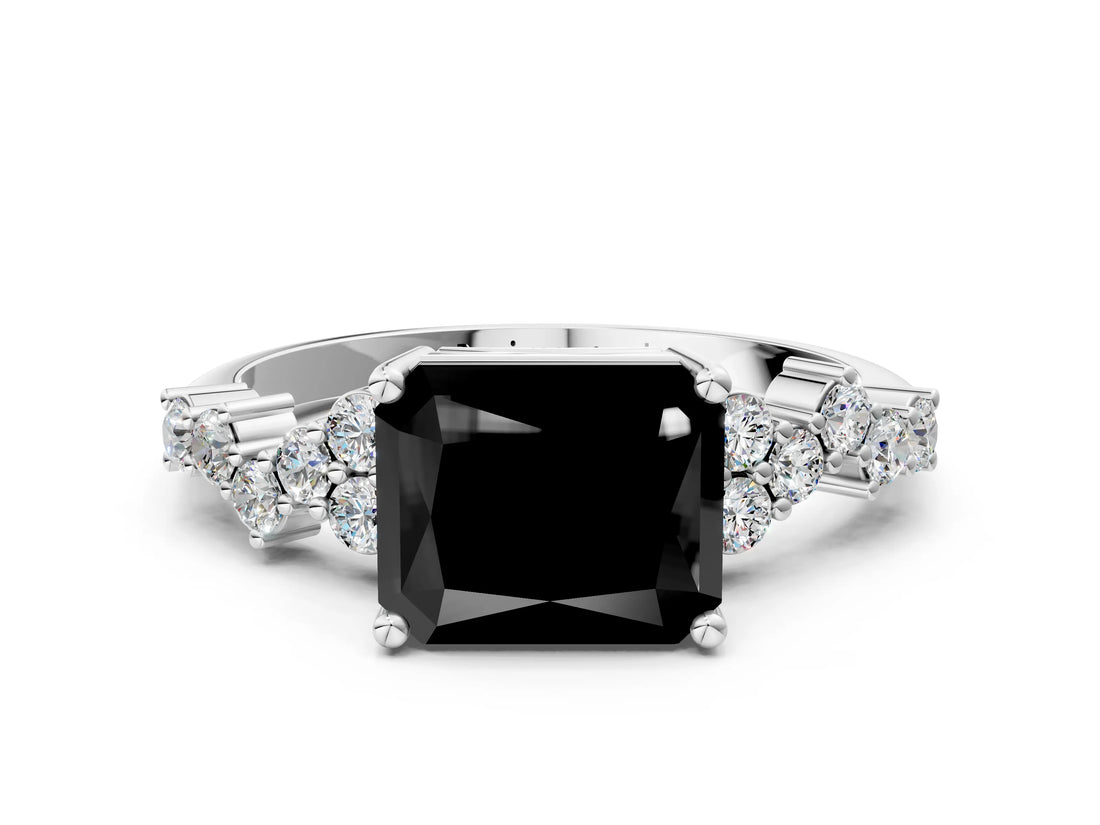 White gold Fancy Black Radiant Cut Diamond Scattered Round Accent Ring with Prong Setting_12