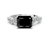 White gold Fancy Black Radiant Cut Diamond Scattered Round Accent Ring with Prong Setting_12