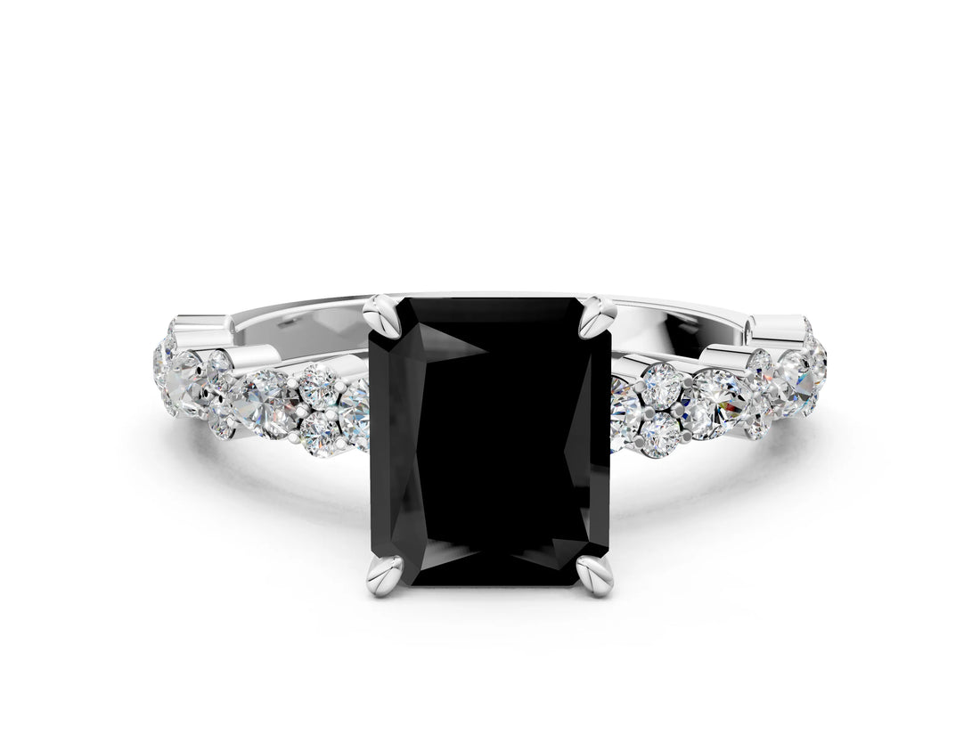 White gold Fancy Black Radiant Cut Diamond Side Stone Solitaire Ring with Round  and Four-Prong Setting_12