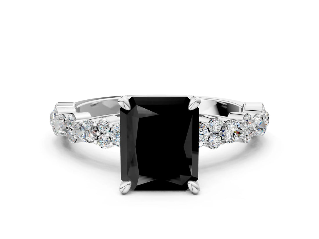 White gold Fancy Black Radiant Cut Diamond Side Stone Solitaire Ring with Round  and Four-Prong Setting_60