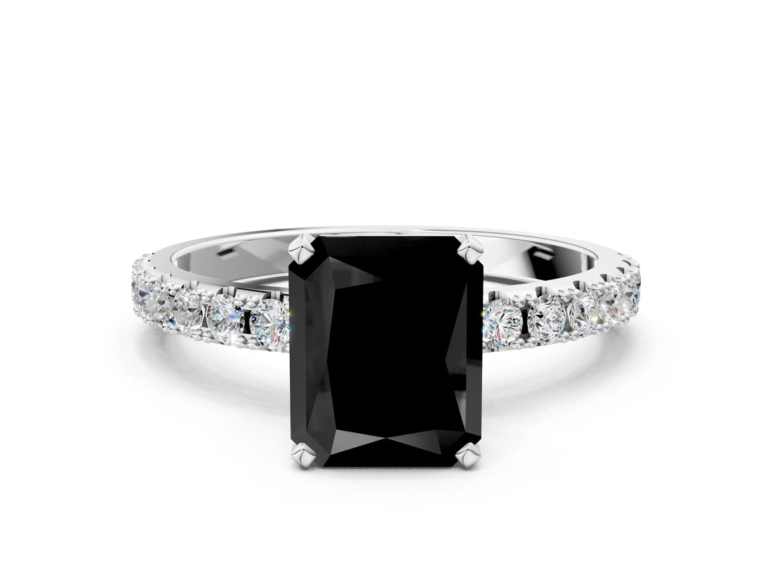 White gold Fancy Black Radiant Cut Diamond Solitaire Pavé Band with Four-Prong Setting