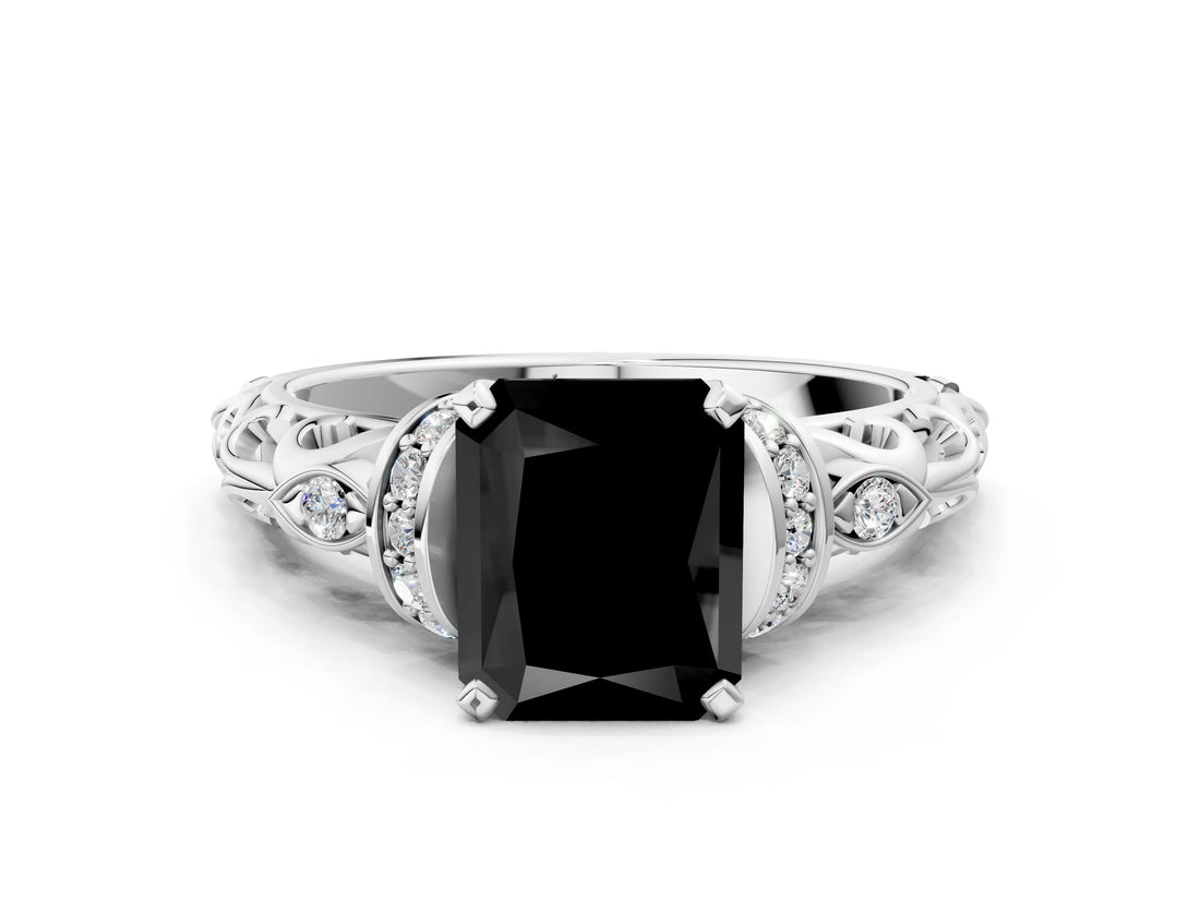 White gold Fancy Black Radiant Cut Diamond Solitaire Ring with Filigree Band and Four-Prong Setting_12