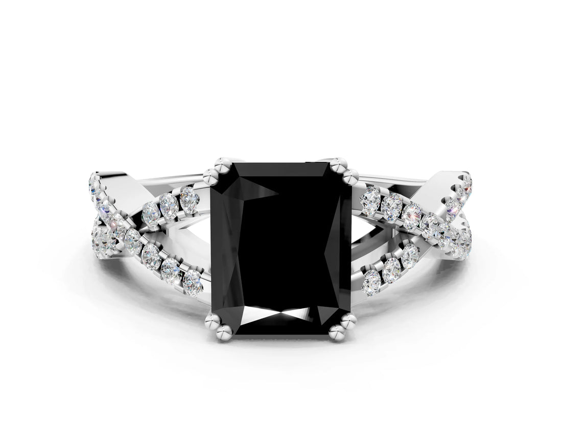 White gold Fancy Black Radiant Cut Diamond Solitaire Ring with Four-Prong Setting and Twisted Pavé Band