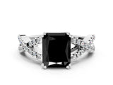 White gold Fancy Black Radiant Cut Diamond Solitaire Ring with Four-Prong Setting and Twisted Pavé Band