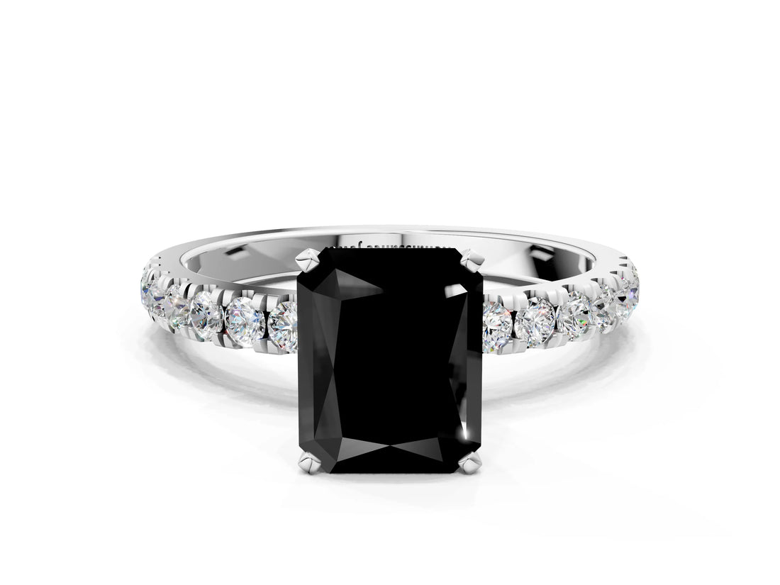White gold Fancy Black Radiant Cut Diamond Solitaire Ring with Pavé Accents and Four-Prong Setting