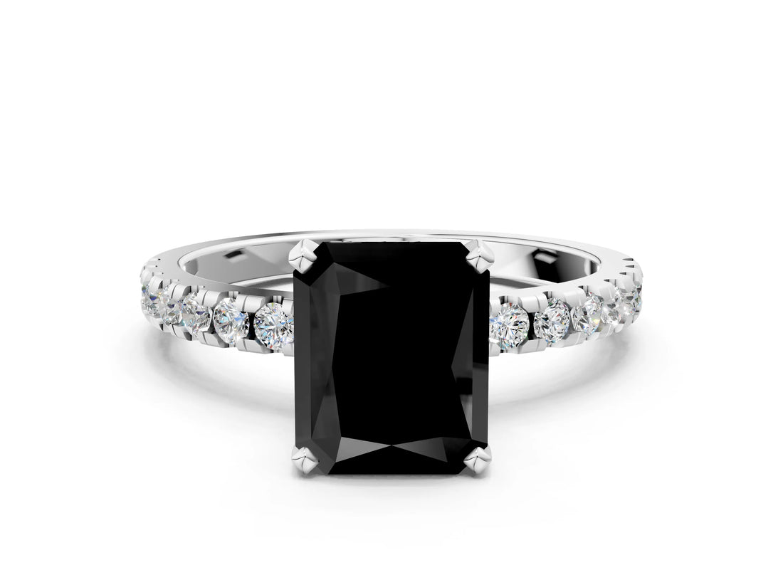 White gold Fancy Black Radiant Cut Diamond Solitaire Ring with Pavé Band and Four-Prong Setting_24