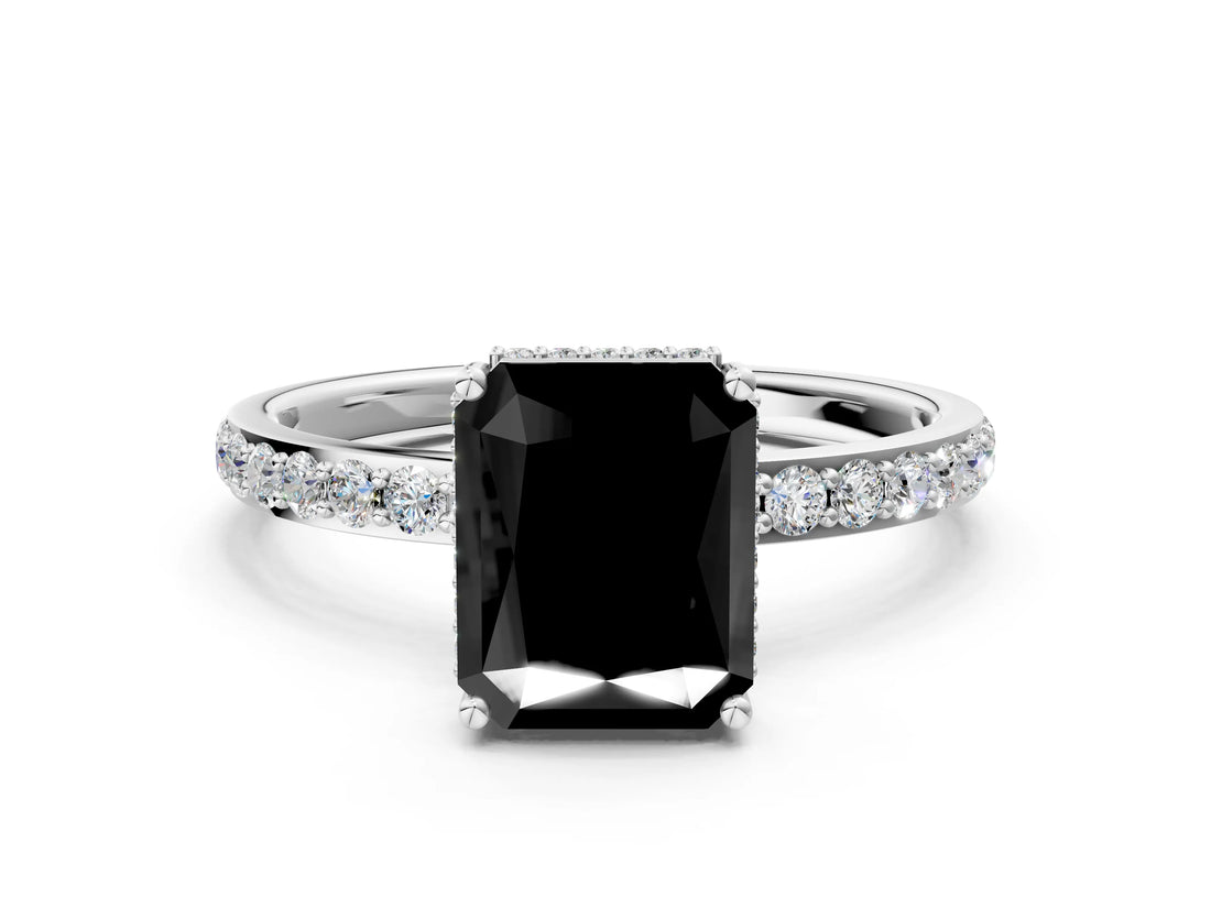 White gold Fancy Black Radiant Cut Diamond Solitaire Ring with Pavé Band and Hidden Halo_24