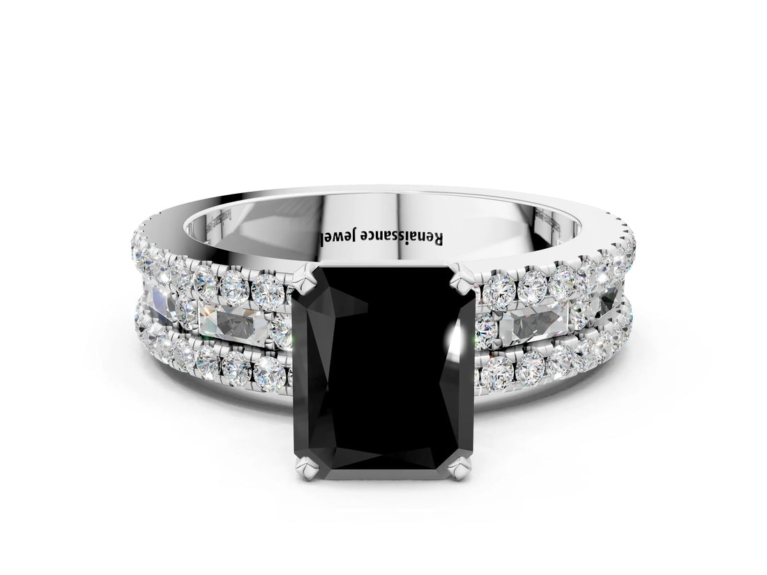White gold Fancy Black Radiant Cut Diamond Solitaire Ring with Pavé and Channel Set Band
