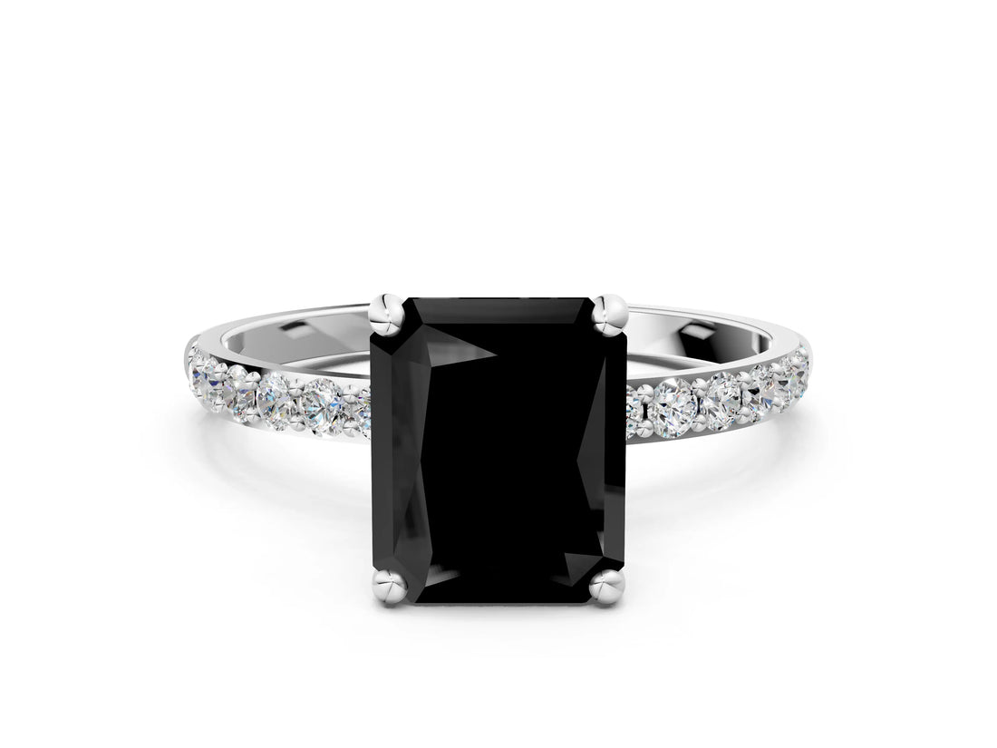 White gold Fancy Black Radiant Cut Diamond Solitaire Ring with Pave Band and Four Prong Setting_24
