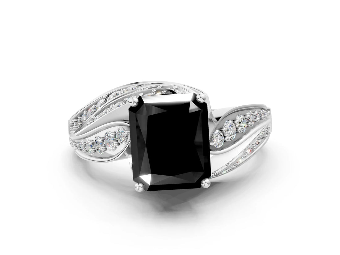 White gold Fancy Black Radiant Cut Diamond Solitaire Ring with Prong Setting and Twisted Pavé Band_24