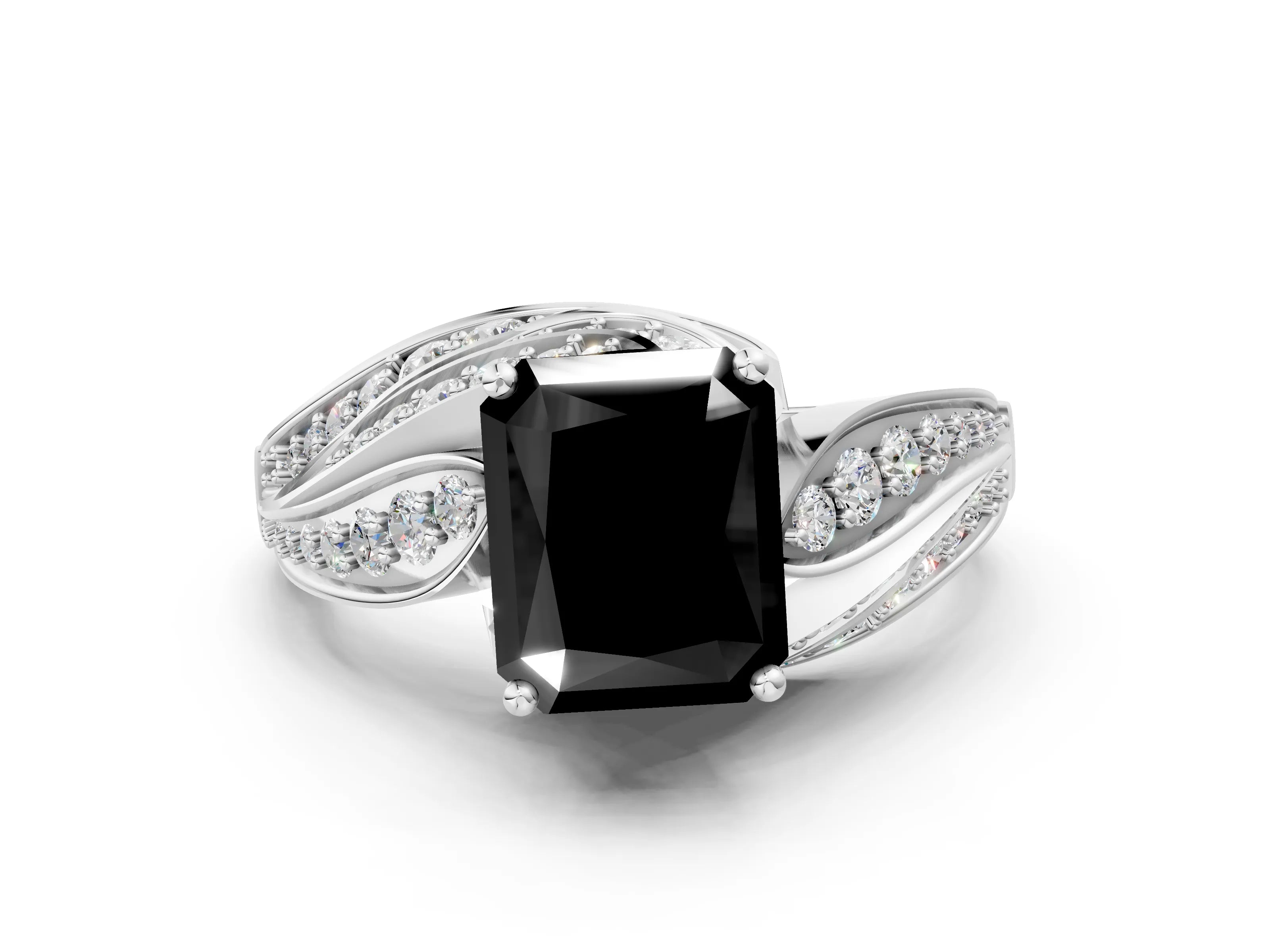 White gold Fancy Black Radiant Cut Diamond Solitaire Ring with Prong Setting and Twisted Pavé Band_24