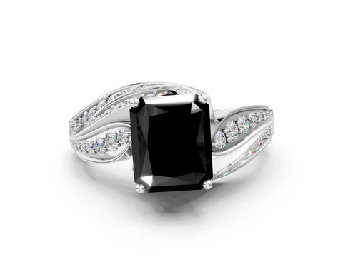 White gold Fancy Black Radiant Cut Diamond Solitaire Ring with Prong Setting and Twisted Pavé Band_24