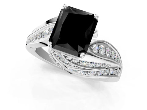 White gold Fancy Black Radiant Cut Diamond Solitaire Ring with Prong Setting and Twisted Pavé Band_25