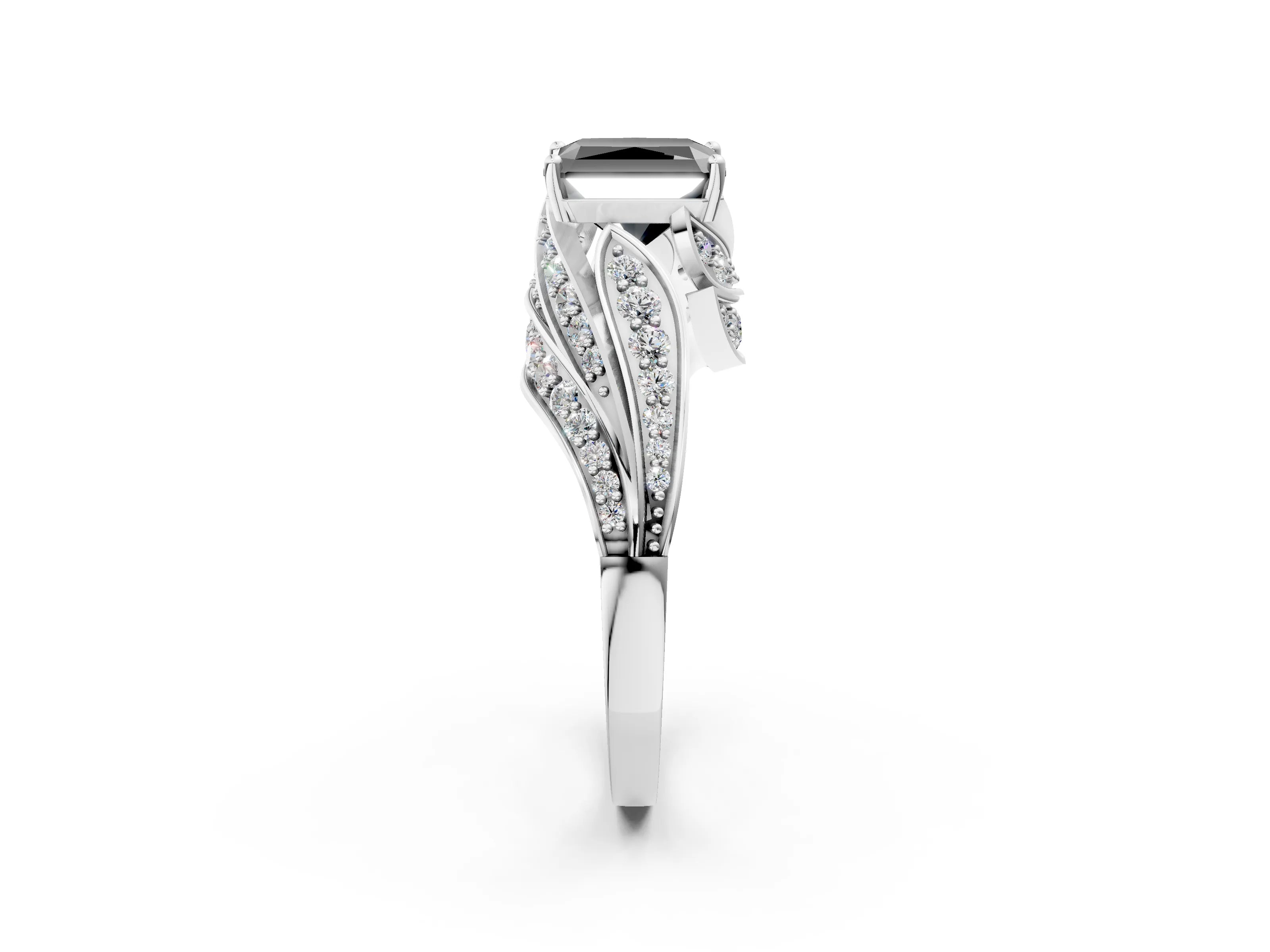 White gold Fancy Black Radiant Cut Diamond Solitaire Ring with Prong Setting and Twisted Pavé Band_26