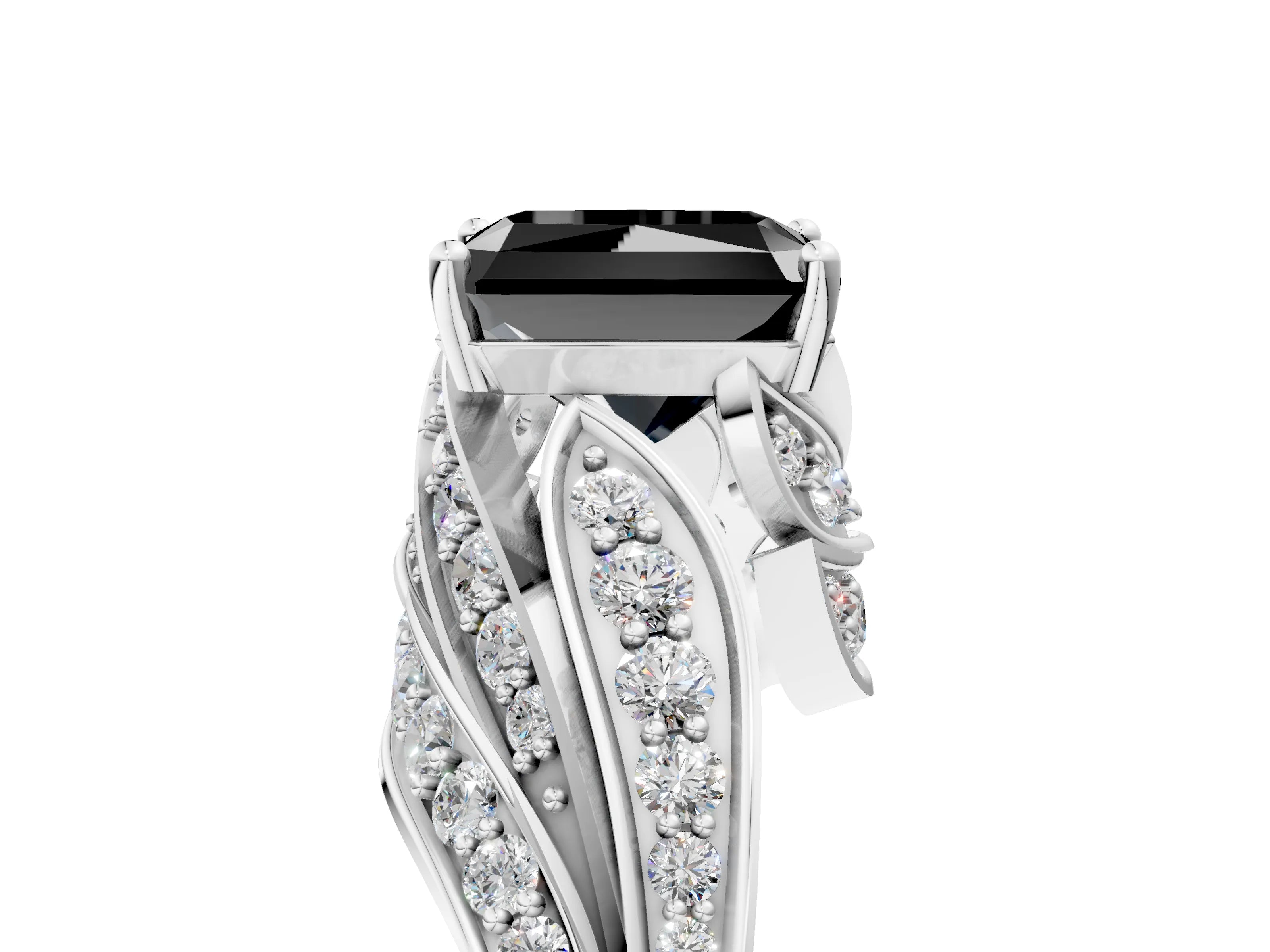White gold Fancy Black Radiant Cut Diamond Solitaire Ring with Prong Setting and Twisted Pavé Band_29