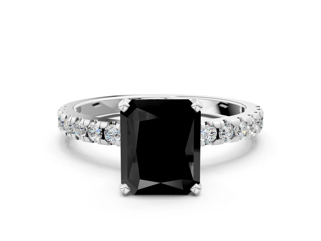 White gold Fancy Black Radiant Cut Diamond Solitaire Ring with Round  Pavé Band and Four-Prong Setting_48