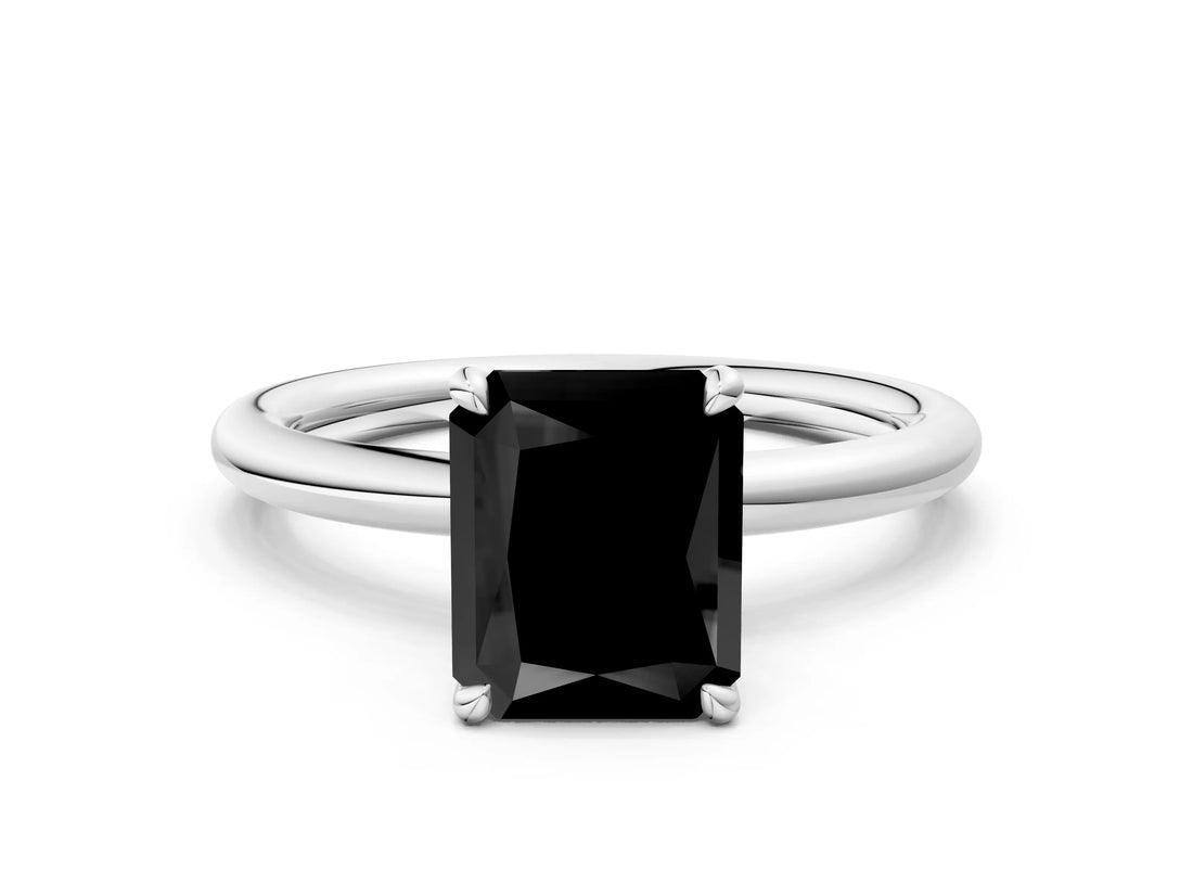 White gold Fancy Black Radiant Cut Diamond Solitaire Ring with Thin Band and Four-Prong Setting