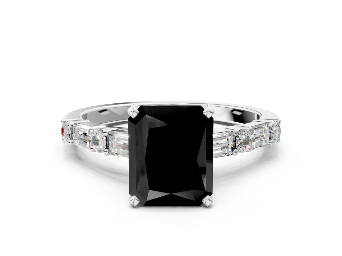 White gold Fancy Black Radiant Cut Diamond Solitaire with Side Baguettes and Channel Set Band