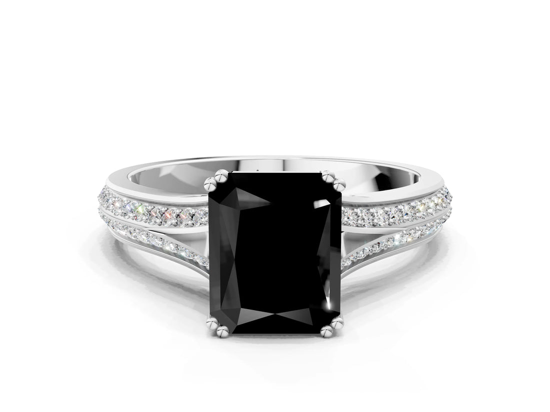 White gold Fancy Black Radiant Cut Diamond Split Shank Engagement Ring with Pavé Band