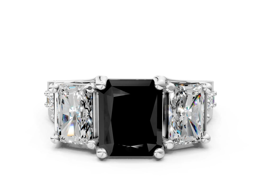 White gold Fancy Black Radiant Cut Diamond Three-Stone Ring with Channel Set Band and Four-Prong Setting_24