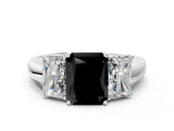 White gold Fancy Black Radiant Cut Diamond Three-Stone Ring with Four-Prong Setting and Classic Band