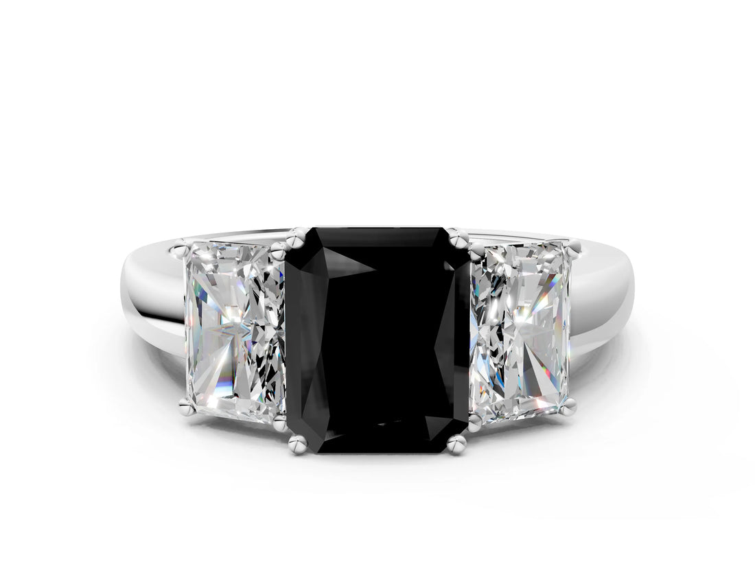 White gold Fancy Black Radiant Cut Diamond Three-Stone Ring with Four-Prong Setting and Classic Band