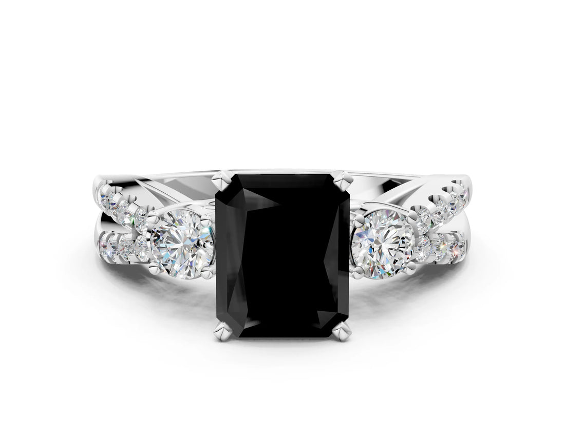 White gold Fancy Black Radiant Cut Diamond Three-Stone Ring with Pavé Split Shank and Four-Prong Setting