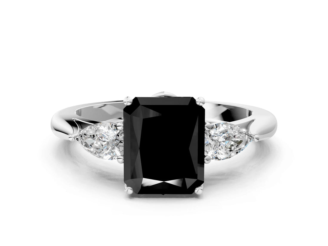 White gold Fancy Black Radiant Cut Diamond Three-Stone Ring with Pear  Side Stones and Prong Setting_60