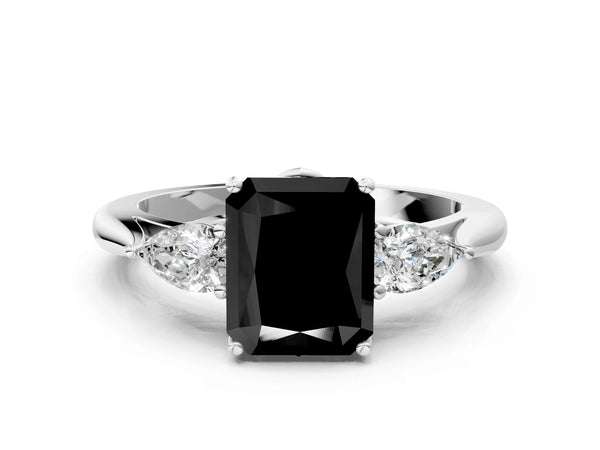 Sterling Silver Radiant Cut Three Stone Pear Side Engagement Ring Setting for Black Center