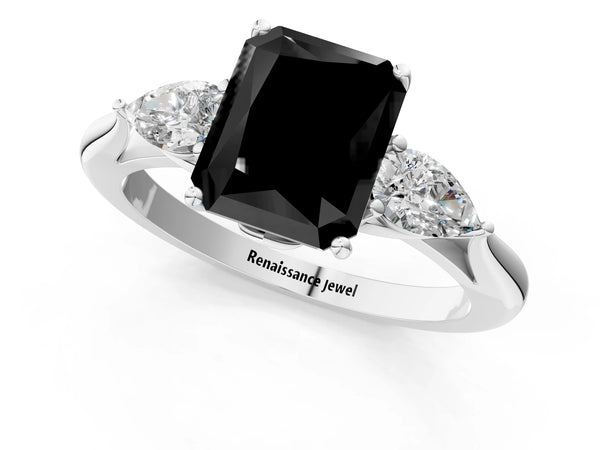 Platinum Radiant Cut Three Stone Pear Side Engagement Ring Setting for Black Center