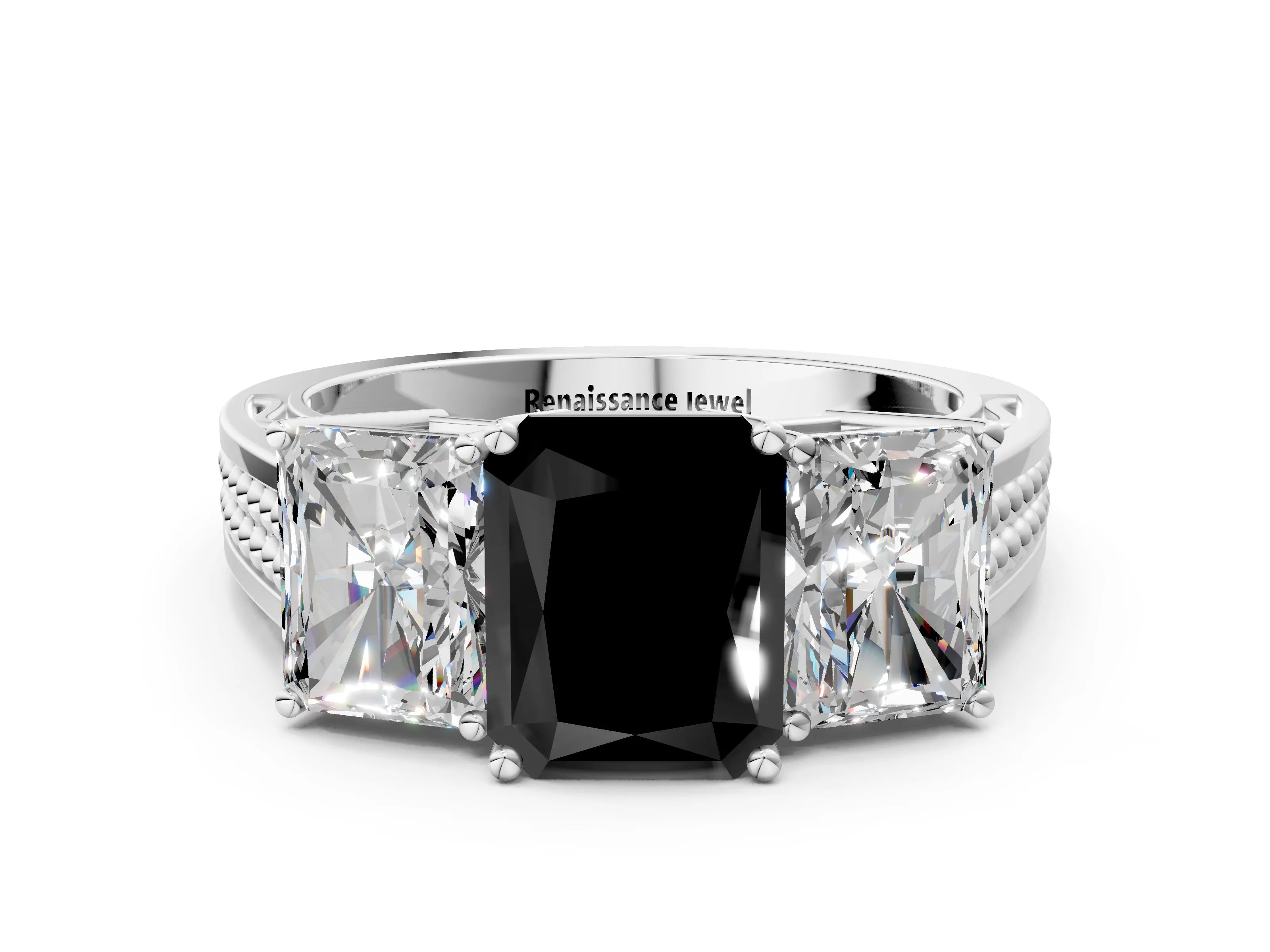 White gold Fancy Black Radiant Cut Diamond Three-Stone Ring with Prong Setting and Textured Band_12