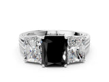 White gold Fancy Black Radiant Cut Diamond Three-Stone Ring with Prong Setting and Textured Band_12