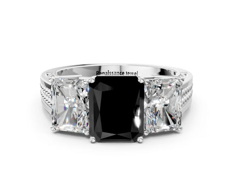 White gold Fancy Black Radiant Cut Diamond Three-Stone Ring with Prong Setting and Textured Band_12