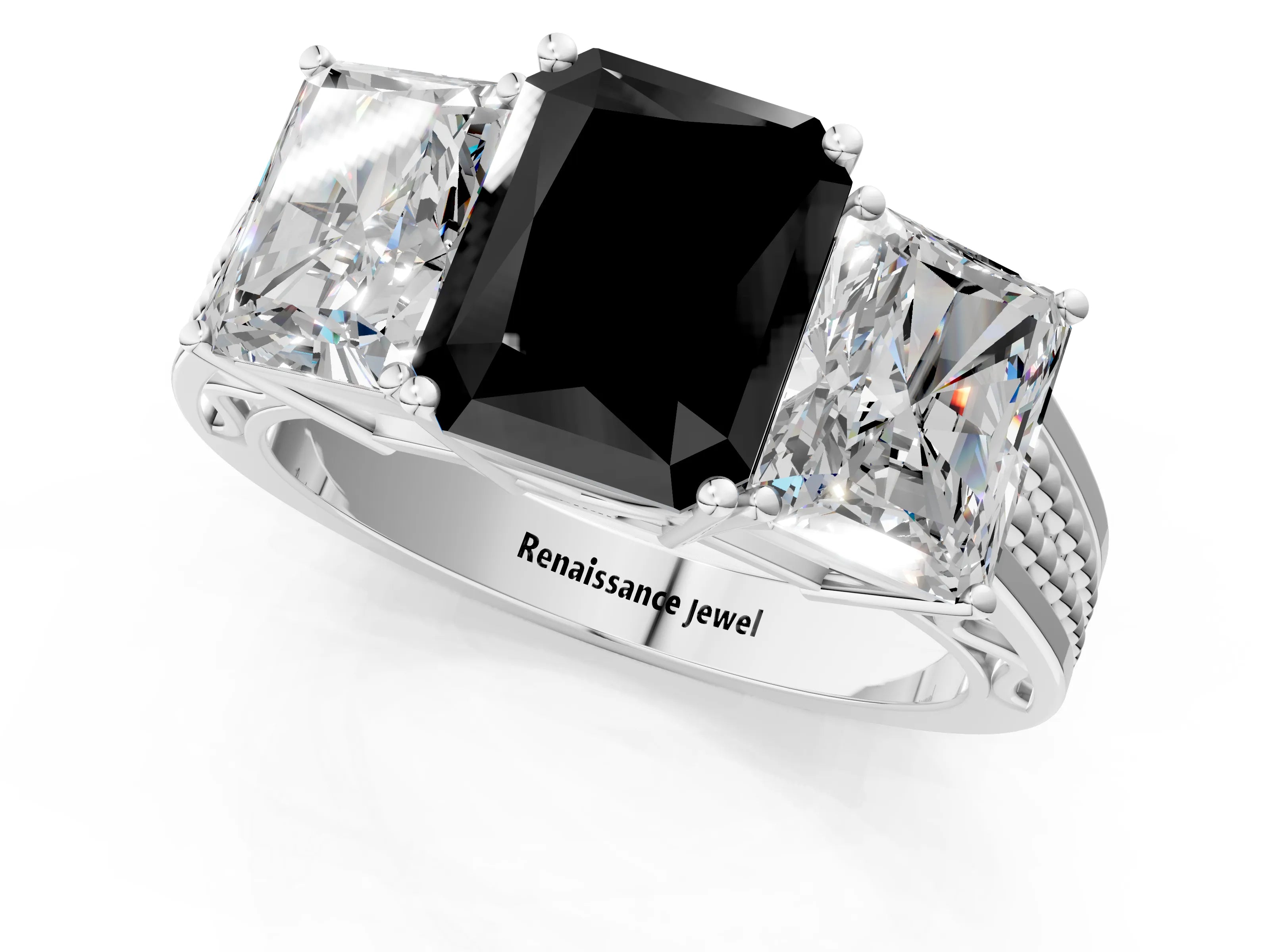 White gold Fancy Black Radiant Cut Diamond Three-Stone Ring with Prong Setting and Textured Band_13