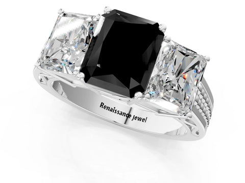 White gold Fancy Black Radiant Cut Diamond Three-Stone Ring with Prong Setting and Textured Band_13