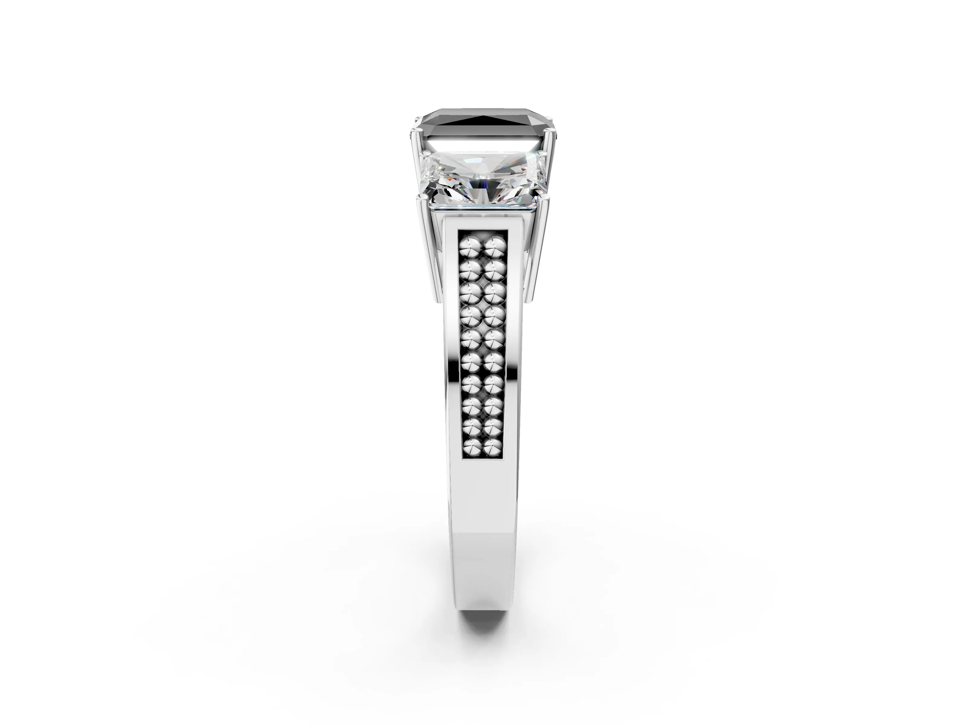 White gold Fancy Black Radiant Cut Diamond Three-Stone Ring with Prong Setting and Textured Band_14